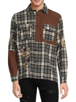 Reason Casual Button-Down Shirts|Mix Media Embroidered Skull Shirt Multi
