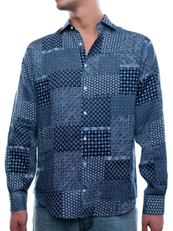 Saryans Arthur Linen|Modern Fit Geometric Print Linen Shirt Blue