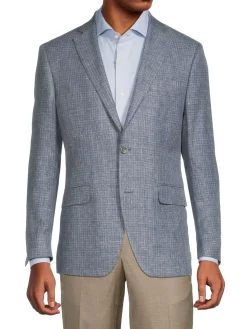 Saks Fifth Avenue Linen|Modern Fit Linen , Wool & Silk Textured Plaid Sportcoat Blue