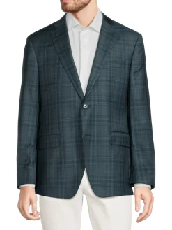 Saks Fifth Avenue Blazers & Sportcoats|Modern Fit Plaid Wool & Silk Blazer Dark Green
