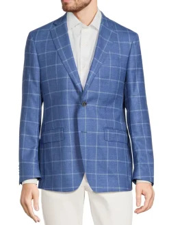 Saks Fifth Avenue Blazers & Sportcoats|Modern Fit Windowpane Check Wool & Silk Blazer Light Blue