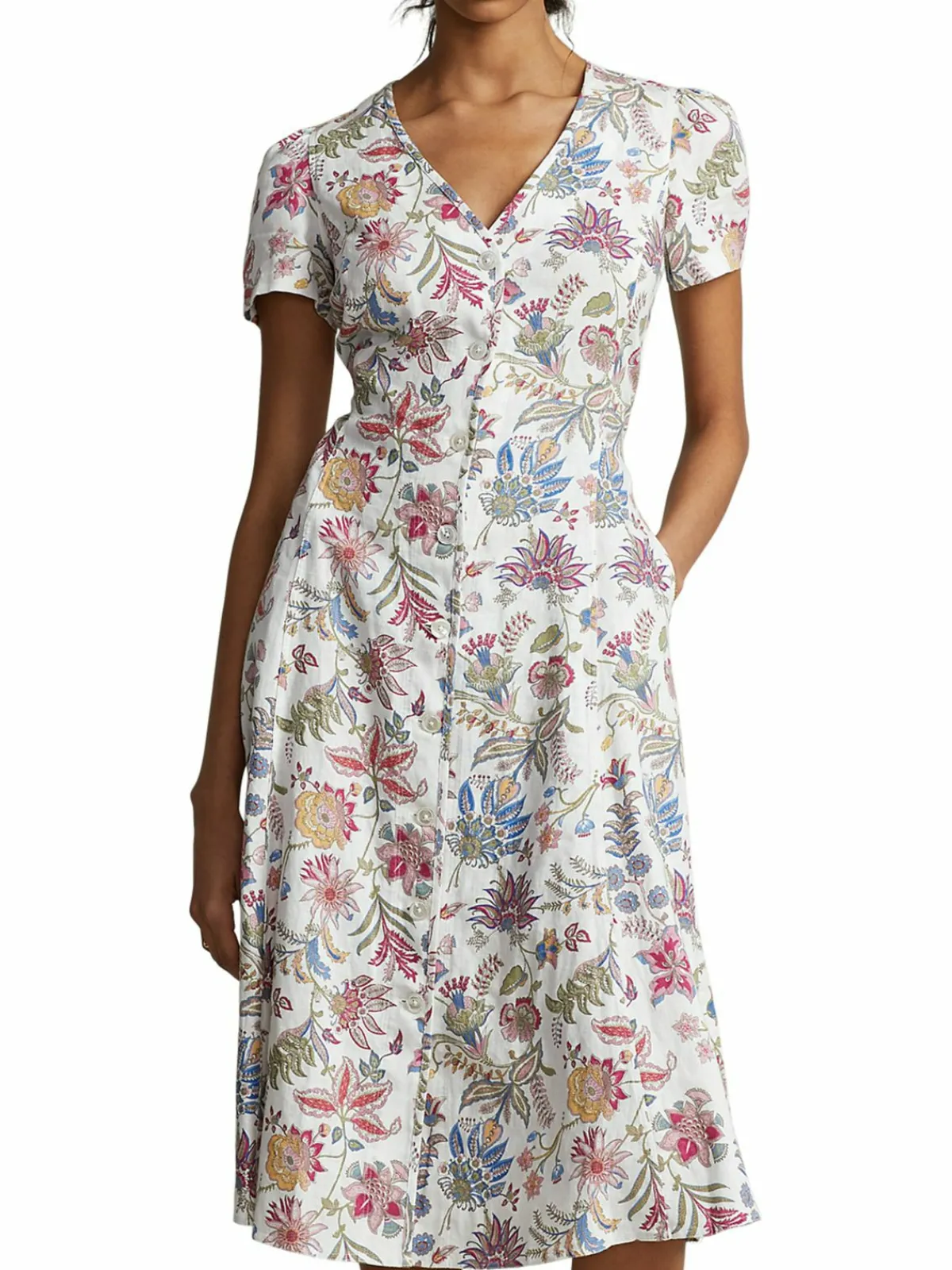 Women Polo Ralph Lauren Nea Paneled Floral Linen Midi Dress