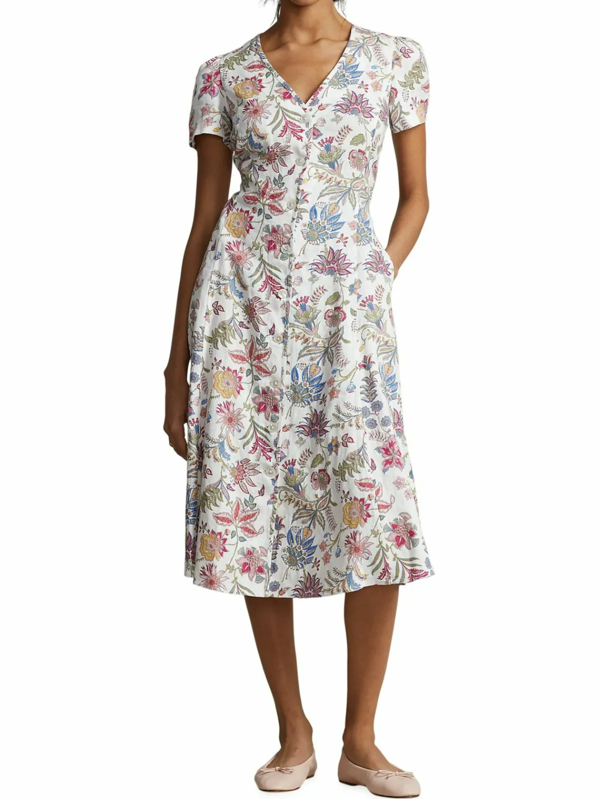 Women Polo Ralph Lauren Nea Paneled Floral Linen Midi Dress