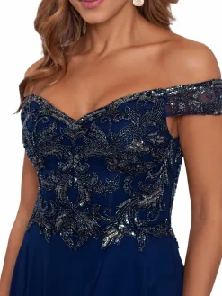Women Xscape Off Shoulder Beaded Chiffon A Line Gown
