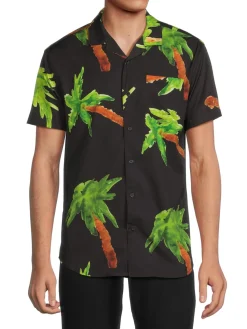 Negative Space Casual Button-Down Shirts|Palm Tree Camp Shirt Black