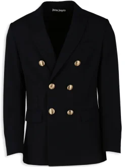 Palm Angels Blazers & Sportcoats|Palm Tree Embroidered Double Breasted Blazer Navy Blue