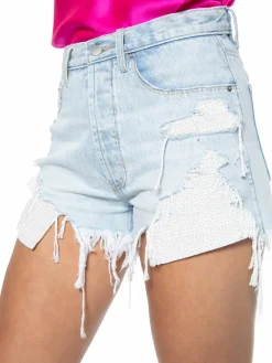 Women Blue Revival Pearl Girl High Rise Exposed Pocket Denim Shorts