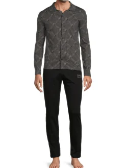cavalli CLASS Loungewear, Sleepwear & Robes|2-Piece Lion Logo Shirt & Pajama Set Black