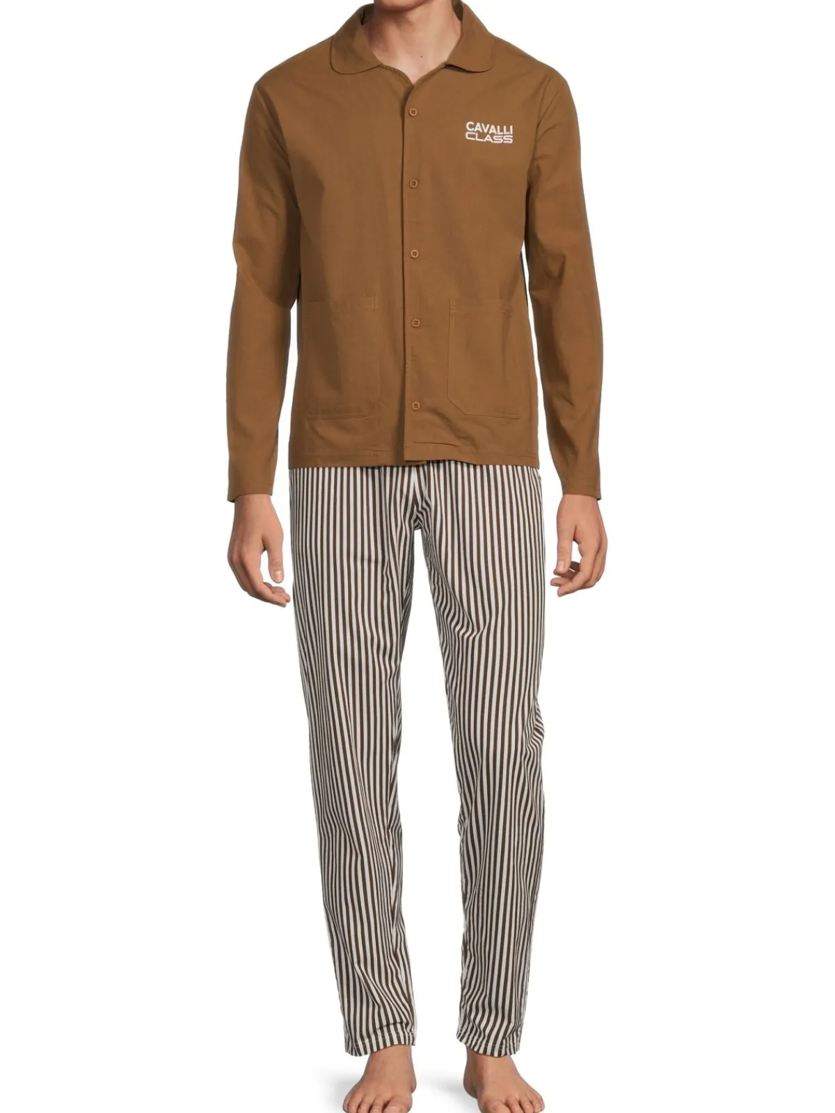 cavalli CLASS Loungewear, Sleepwear & Robes|2-Piece Logo & Striped Pajama Set Camel