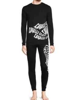 cavalli CLASS Loungewear, Sleepwear & Robes|2-Piece Warped Logo Sweatshirt & Joggers Set Black