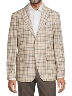 Tallia Blazers & Sportcoats|Plaid Linen Blazer Tan