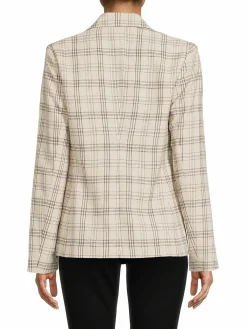 Women T Tahari Plaid Linen Blend Single Breasted Blazer