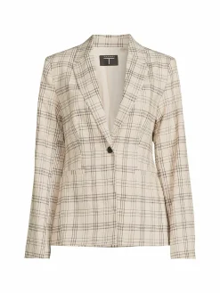 Women T Tahari Plaid Linen Blend Single Breasted Blazer