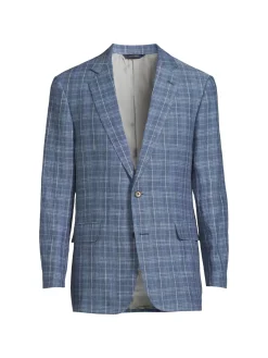Brooks Brothers Linen|Plaid Linen Sportcoat Blue