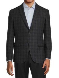 John Varvatos Star U.S.A. Blazers & Sportcoats|Plaid Single Breasted Wool Blend Blazer Charcoal