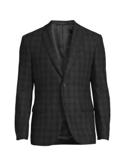 John Varvatos Star U.S.A. Blazers & Sportcoats|Plaid Single Breasted Wool Blend Blazer Charcoal