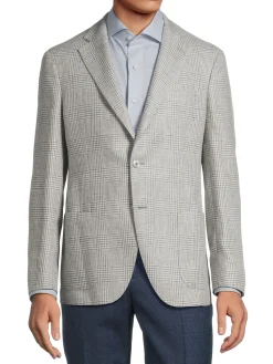 Lubiam Blazers & Sportcoats|Plaid Virgin Wool Blend Sportcoat Light Grey