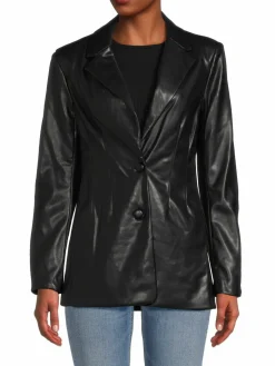 Women Avec Les Filles Pleated Faux Leather Mid Blazer