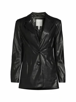 Women Avec Les Filles Pleated Faux Leather Mid Blazer
