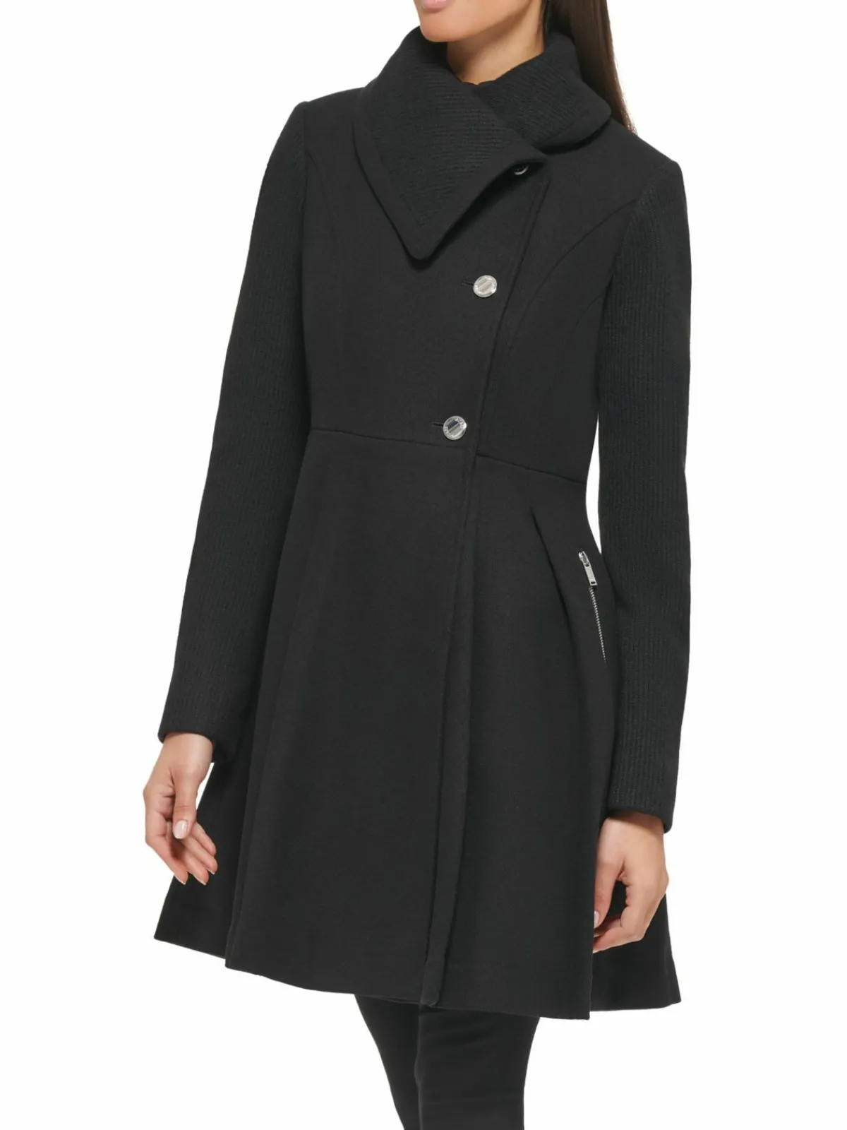 Women Guess Pleated Wool Blend Flared Coat