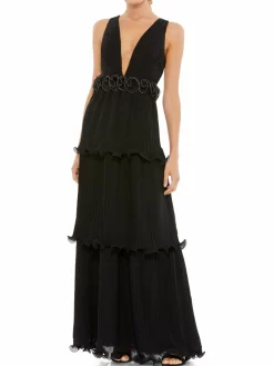 Women Mac Duggal Plunge Pleated Ruffle Gown