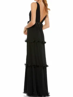 Women Mac Duggal Plunge Pleated Ruffle Gown