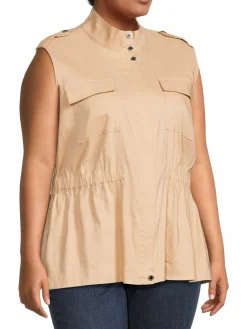 Women Calvin Klein Plus Cinch Waist Linen Blend Top