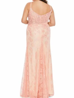 Women Mac Duggal Plus Embroidered Lace Corset Trumpet Gown