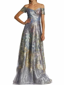 Women Rene Ruiz Collection Printed Sequin Fit & Flare Gown