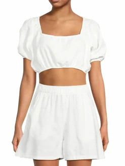 Women WeWoreWhat Puff Sleeve Linen Blend Crop Top