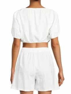 Women WeWoreWhat Puff Sleeve Linen Blend Crop Top