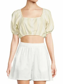 Women WeWoreWhat Puff Sleeve Linen Blend Crop Top