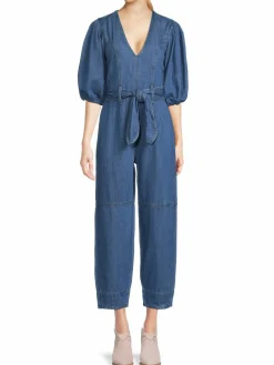 Women 7 For All Mankind Puff Sleeves Denim Jumpsuit