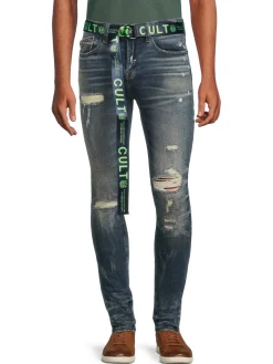 Cult Of Individuality Jeans|Punk Belted Super Skinny Jeans Blue
