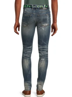 Cult Of Individuality Jeans|Punk Belted Super Skinny Jeans Blue
