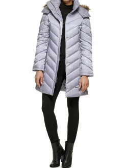 Women Kenneth Cole Quilted Faux Fur Hood Heavyweight Puffer Coat