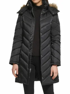 Women Kenneth Cole Quilted Faux Fur Hood Heavyweight Puffer Coat
