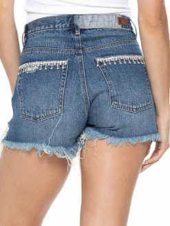 Women Blue Revival Rhinestone Distressed Denim Shorts