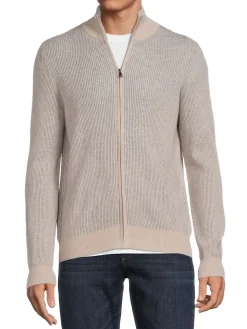 Amicale Sweaters|Rib Knit Cashmere Zip Up Cardigan