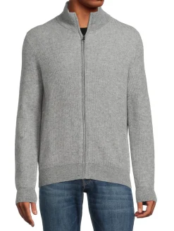 Amicale Cashmere|Ribbed Cashmere Zip Up Cardigan