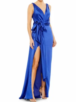 Women Mac Duggal Satin Tie Waist Slit Gown