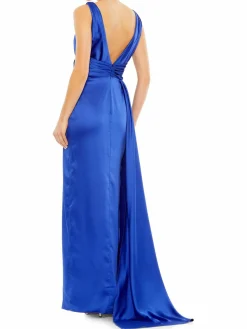 Women Mac Duggal Satin Tie Waist Slit Gown