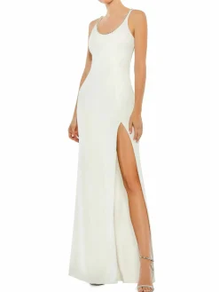Women Mac Duggal Scoopneck Beaded Front Slit Column Gown