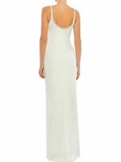 Women Mac Duggal Scoopneck Beaded Front Slit Column Gown