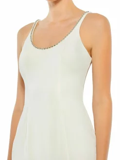 Women Mac Duggal Scoopneck Beaded Front Slit Column Gown