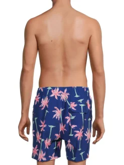 Vintage Summer Swimwear|Seersucker Palm Tree Swim Shorts Navy
