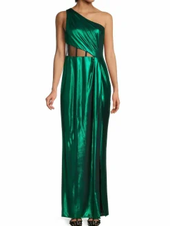 Women Marchesa Semi Sheer Panel One Shoulder Gown