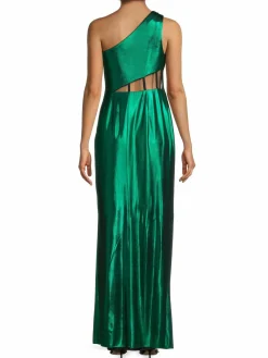 Women Marchesa Semi Sheer Panel One Shoulder Gown