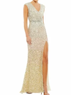 Women Mac Duggal Sequin Sleeveless Faux Wrap Slit Gown