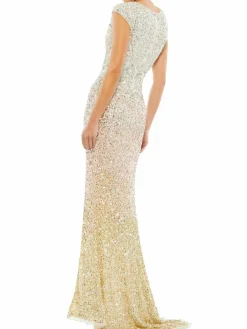 Women Mac Duggal Sequin Sleeveless Faux Wrap Slit Gown